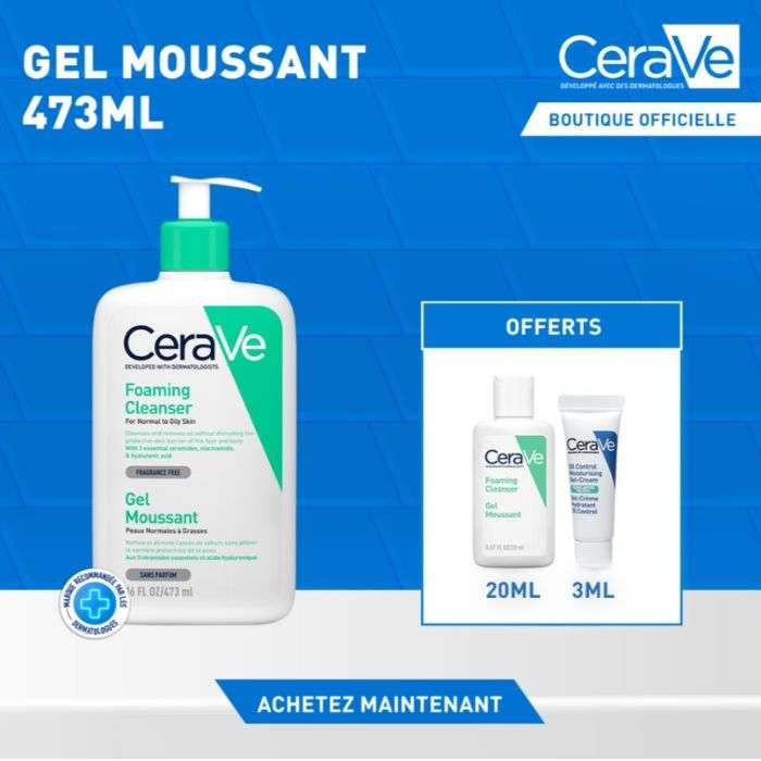 CERAVE OFFRE GEL MOUSSANT PEAUX NORMALES A GRASSES 473 ML + GEL MOUSSANT20ML+ GEL CREME 3ML OFFERTS